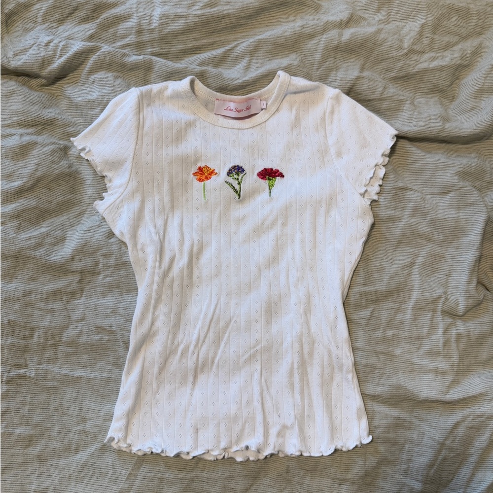 White Tee with Floral Embroidery